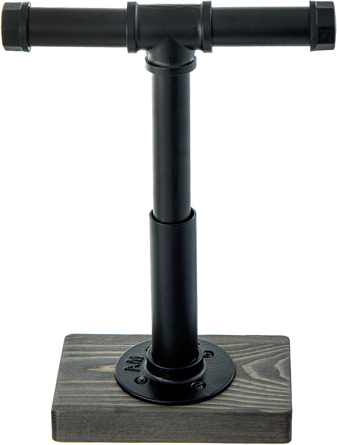 MyGift Adjustable Height Industrial Pipe Organizer Stand - Rustic T-Bar for Jewelry, Headphones, Medals, Kitchen Utensils & Display, Gray Wood Base (Black/Gray, Country Style)