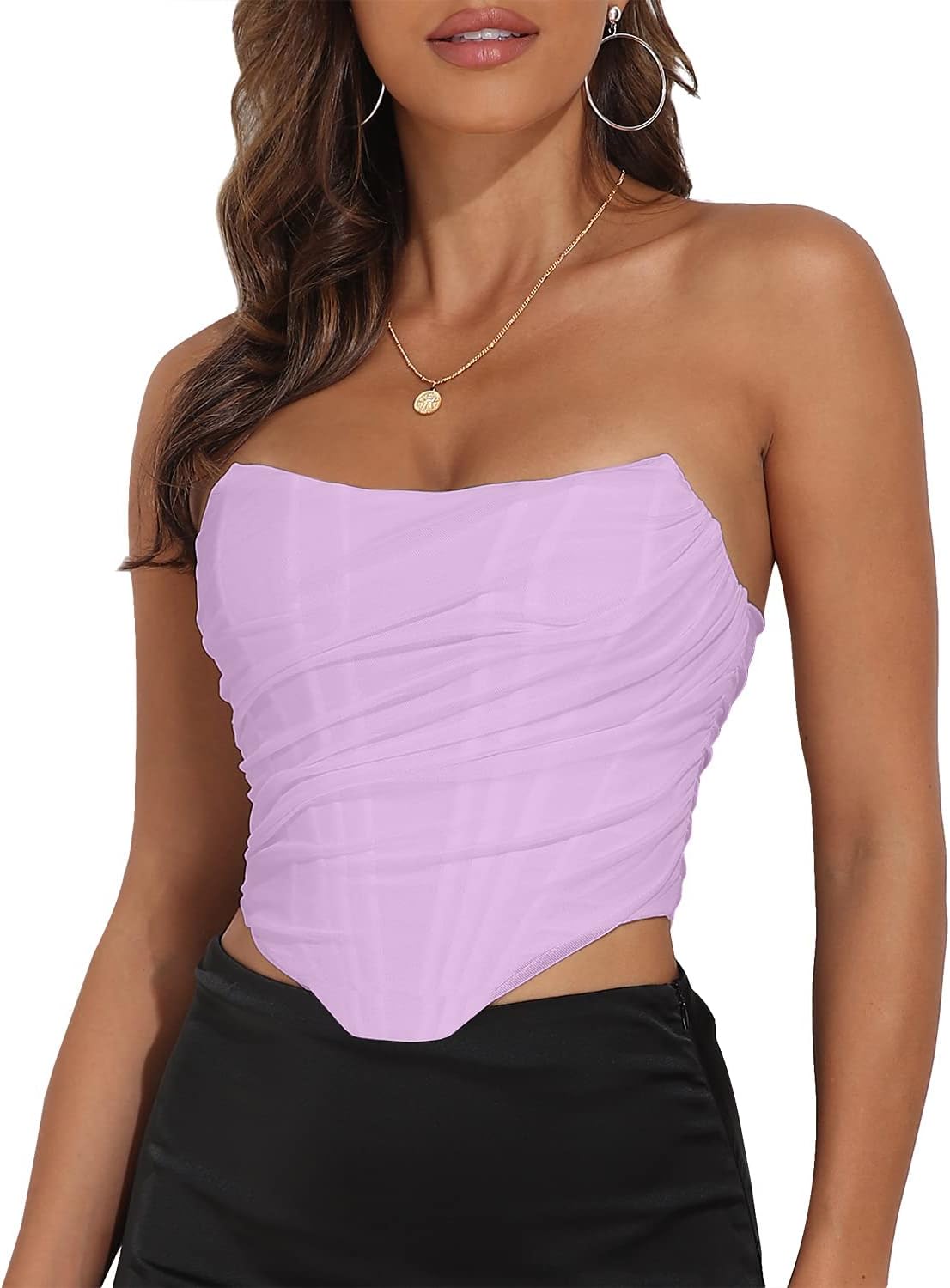 Women's Vintage Strapless Open Back Boned Mesh Bustier Zip Back Corset Bodyshaper Crop Top