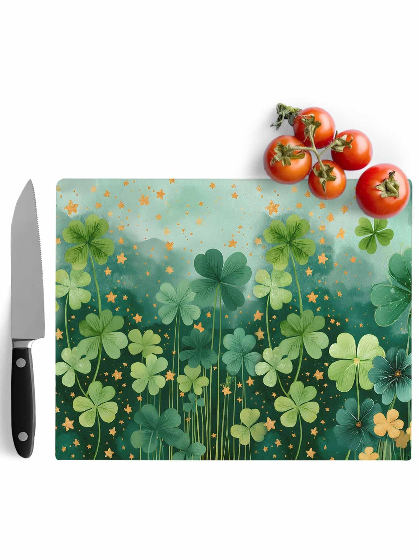 Green Shamrock Cutting Board for Kitchen Yellow Star Green Clovers Dishwasher Support Tempered Glass Cutting Boards Decorative Chopping Boards with Non Slip Feet for Counter Camping 7.9" x 11"
