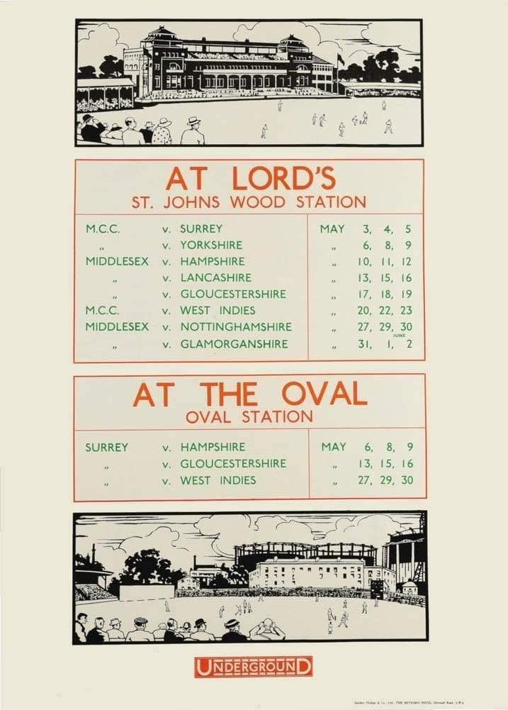 RPW Roystone Print Works Vintage Underground 'Cricket at Lord's and The Oval', 1913, Reproduction Classic English Travel Poster (A3)