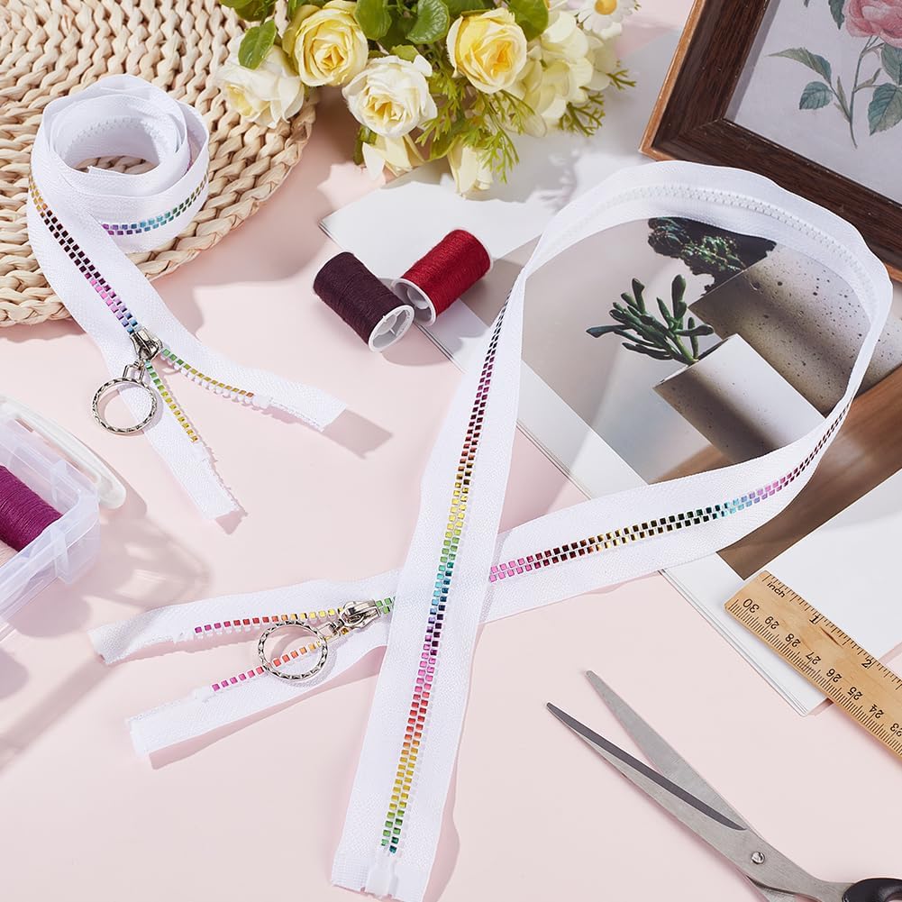 CABODYALS 4Pcs #5 White Metallic Rainbow Zipper Tape by The Yard Teeth Resin Colorful Coil Sliver Metal Round Ring Pull Nylon Separating Zippers Bulk for Sewing Making Tailor Bag Clothes Crafts Decor