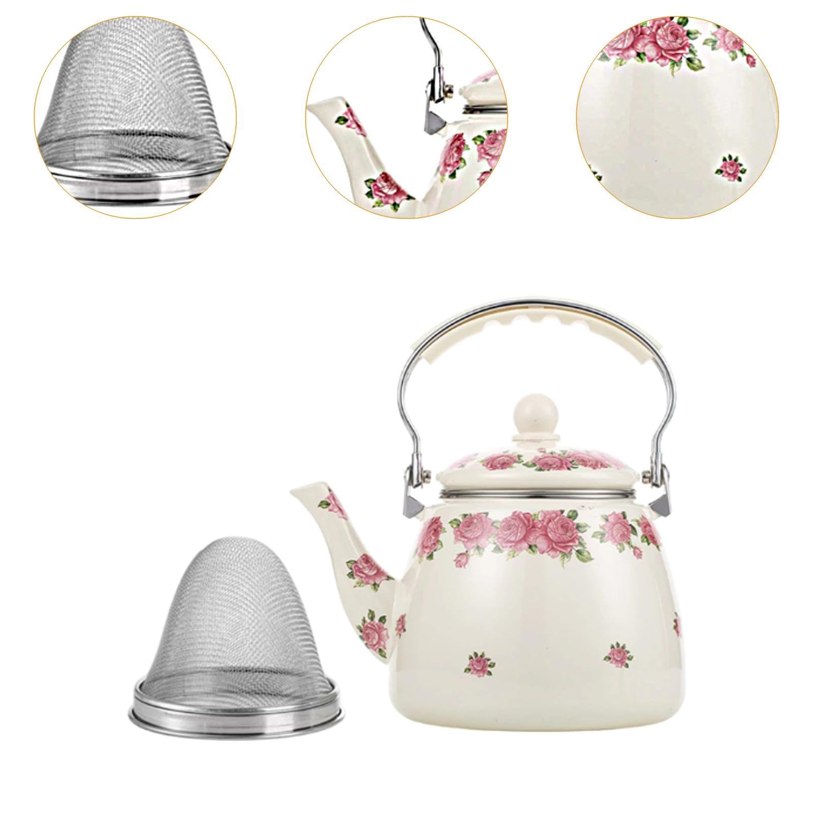 Emaille-Teekessel, Wasserkocher, 3,3 l, robuste Vintage-Blumen-Emaille-Kanne, Kaffeekanne für Zuhause, Restaurant, Kaffee, Tee, heißes Wasser, Rosa