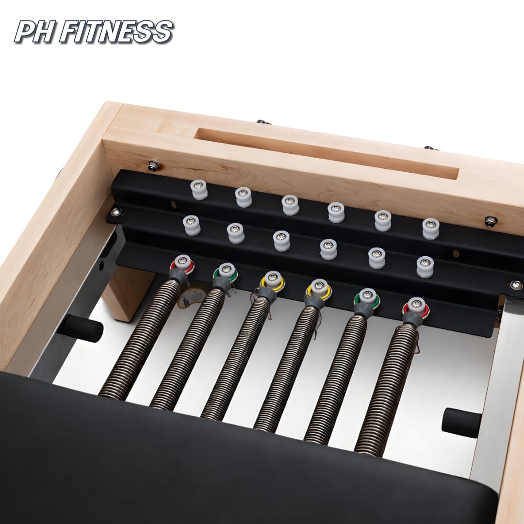 PH Fitness Pilates Reformer Madera – Máquina profesional de Pilates (plegable o modelo fijo) con 5-6 muelles, barra de pies ajustable (7 posiciones), caja incluida – Cuerpo completo y rehabilitación