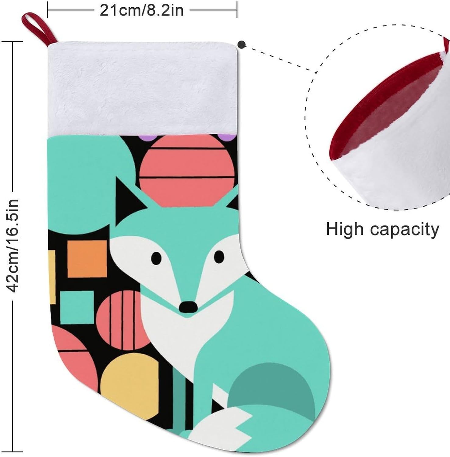 16.5 Inch Christmas Stockings with Plush Cuff - Colorful Fox Art Large Red Xmas Stockings for Fireplace Hanging, Traditional Holiday Decor for Family Christmas Party image 2