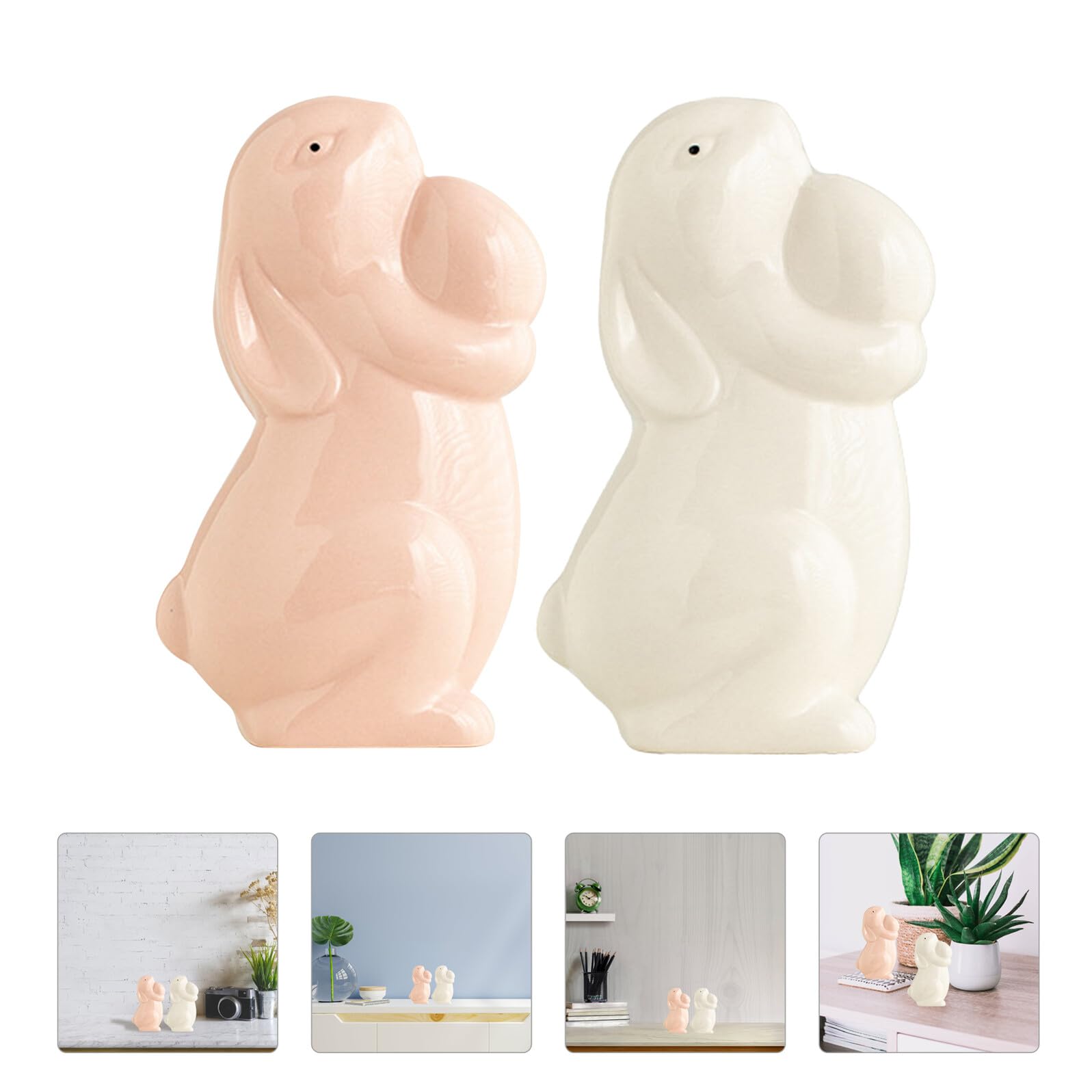 Artibetter 2 Stück Keramik Kaninchen mit Ei Kleine Hasenfiguren in Weiß und Rosa als Osterdekoration für Tisch und Kinderzimmer