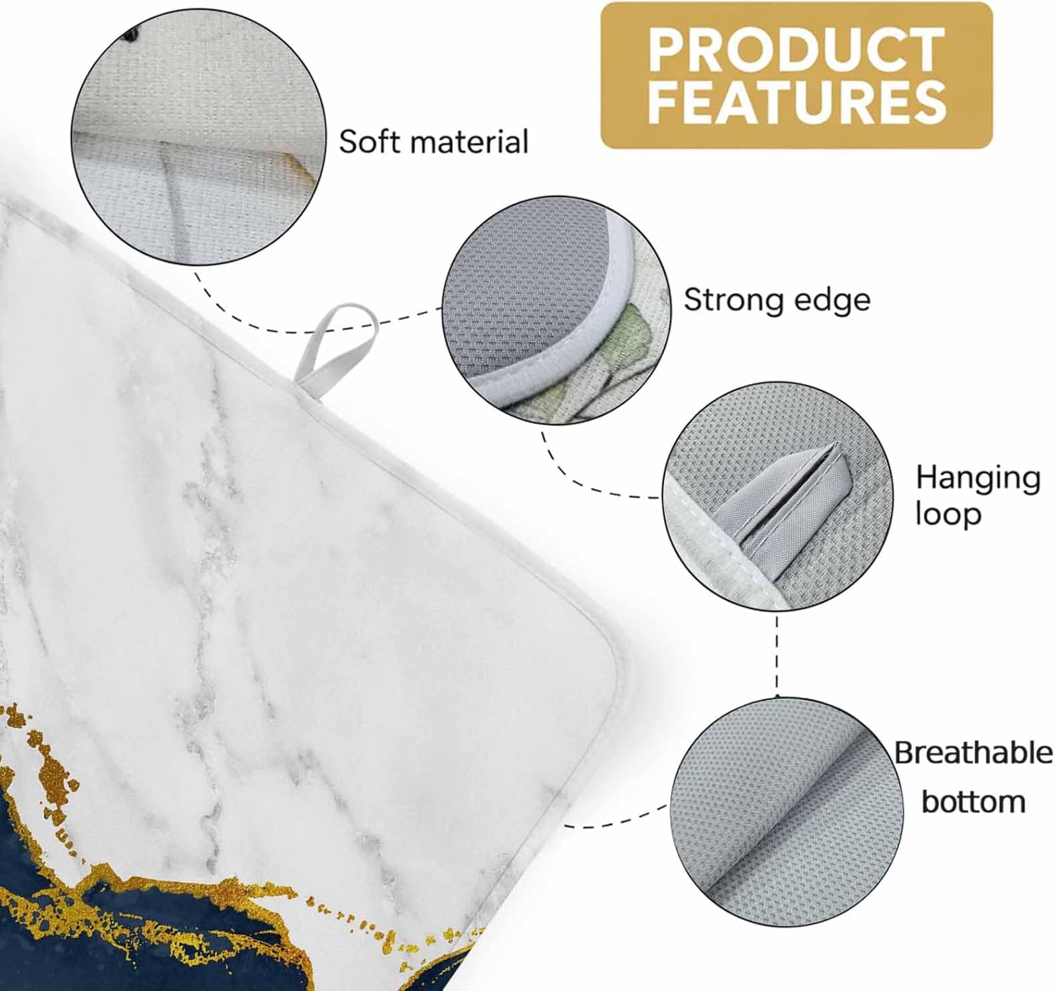 Navy Blue Gold Marble 2 Pack Dish Drying Mat for Kitchen Counter 18''x24'' Abstract Wave Absorbent Dish Bowl Dishes Drainer Mat Reversible Drying Rack Pad for Coffee Bar