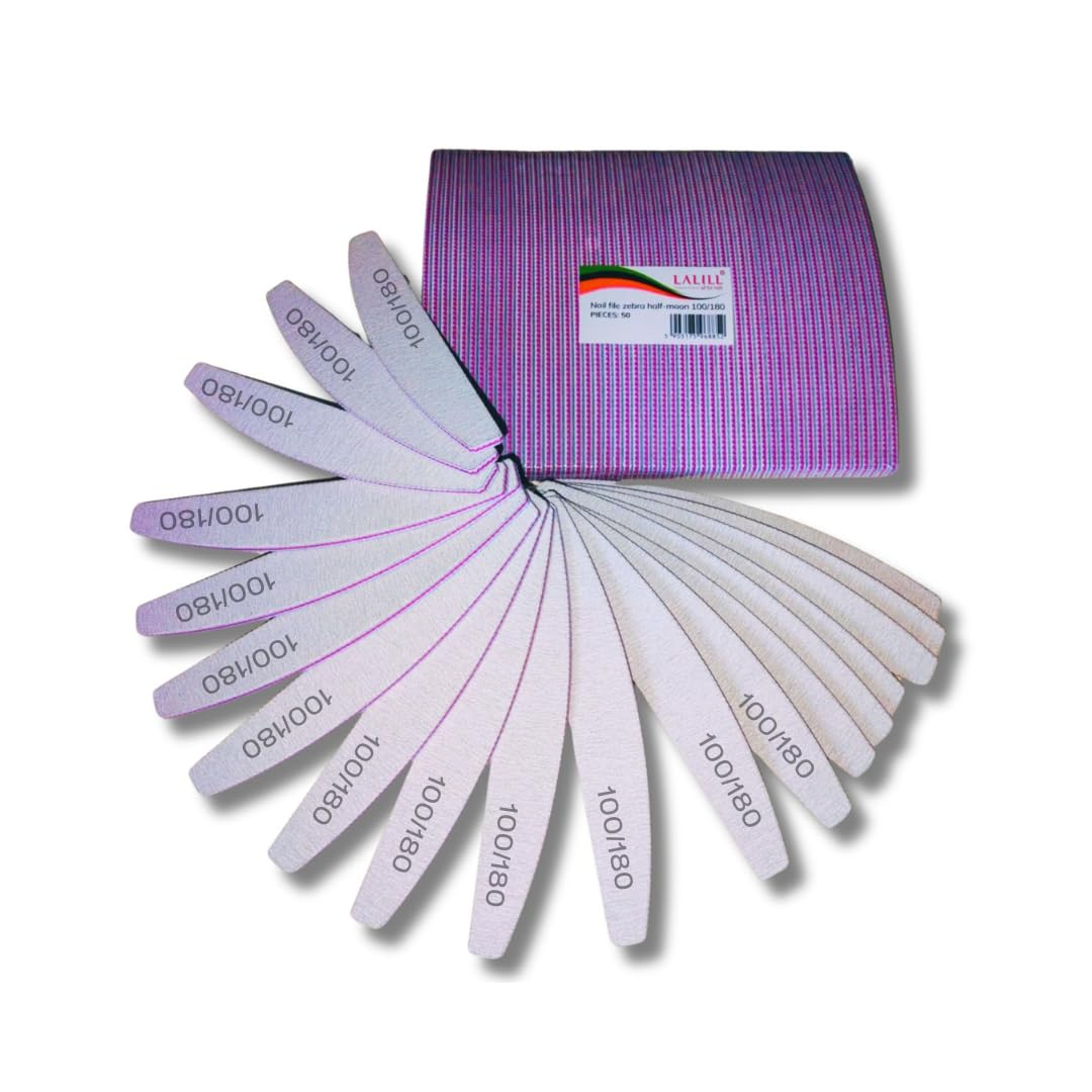 LALILL Lima de Uñas 50 Pzs. Grano 100/180, Media Luna Cebra - Limas para Uñas de Gel - Modelado de Uñas Híbridas, Acrílicas, Esmalte de Gel - Doble Cara, Desechable - Buffer, Block, Profesional