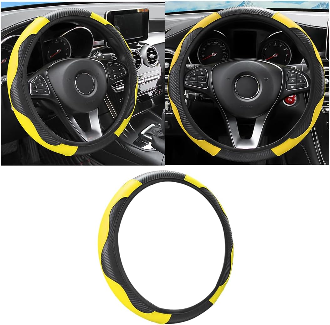 Car Steering Wheel Cover, 15 inch Carbon Fiber Microfiber PU Leather Elastic Steering Wheel Protector for Men Women, Anti-Slip Breathable Car Interior Accessories for Most Cars (Yellow)