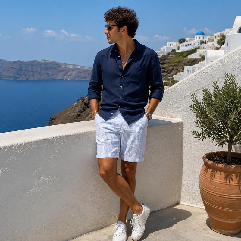 Mens Summer Seersucker Shorts Striped Pleated Front Beach Shorts