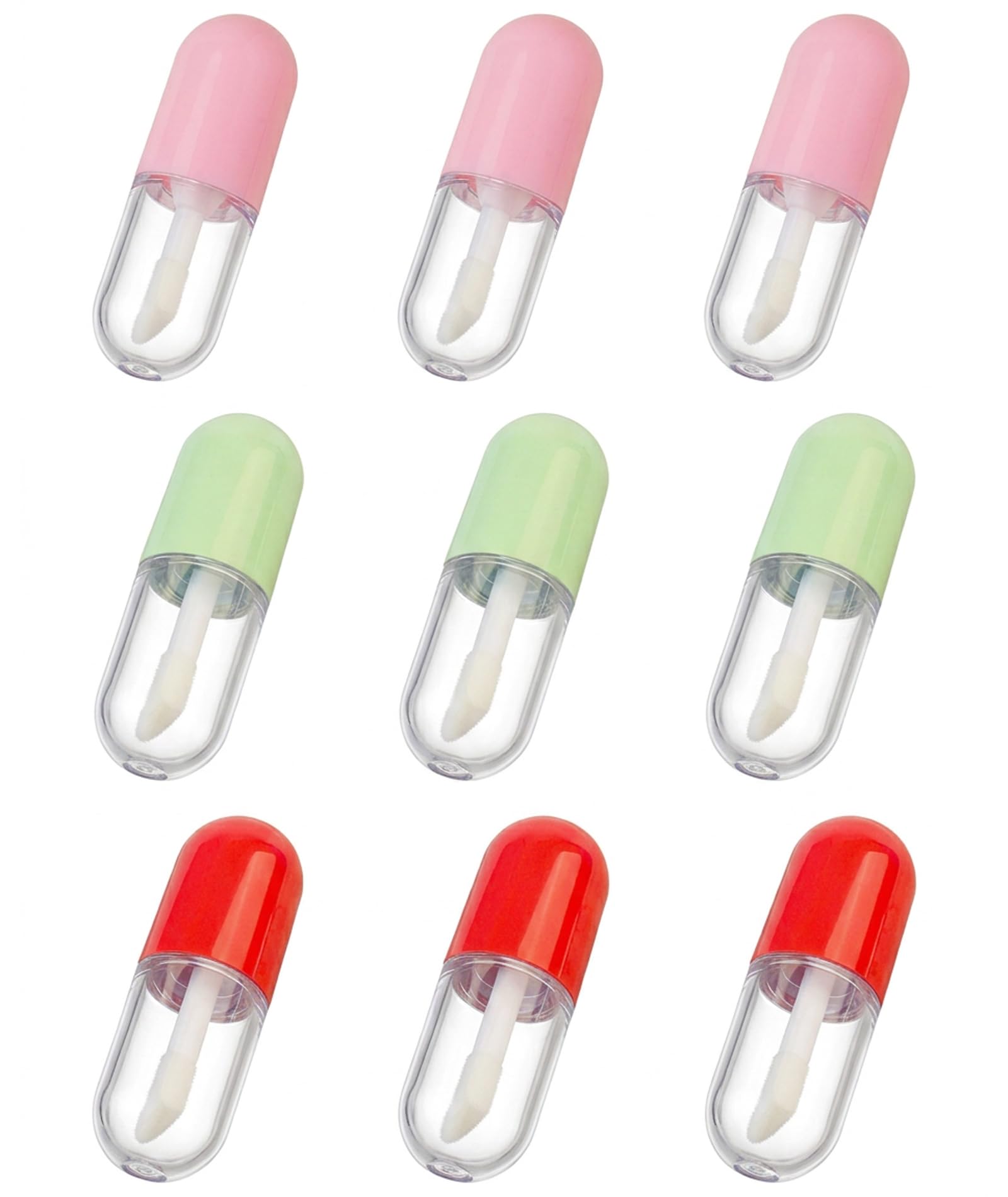 9PCS Empty Lip Gloss Container, Nine-Piece Set for Custom Lip Gloss Creation, Travel Makeup Organization and Cosmetic Formula Storage, Three Pink Three Green Three Red Lip Gloss Containers