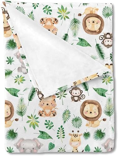 HawSkgFub Safari Jungle - Manta de bebé con plantas y animales africanos, regalo para niños, manta de franela con hojas de palmera tropical, manta