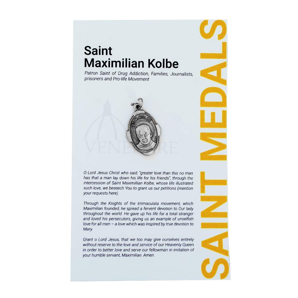 Venerare1" Saint and Holy Subject Medal with Prayer Card | Over 25 Different Saints | Durable and Detailed Charm | Pendant Medal Carded with Prayer | Christian Jewelry (St. Maximilian Kolbe)