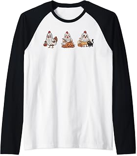 Chickens In Ghost Costume Pumpkin Black Cat Halloween Raglan Baseball Tee