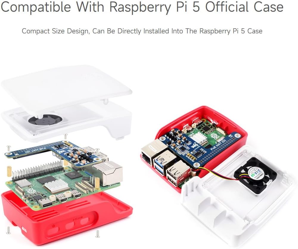 Waveshare PoE HAT (G) installation within the official Raspberry Pi 5 case