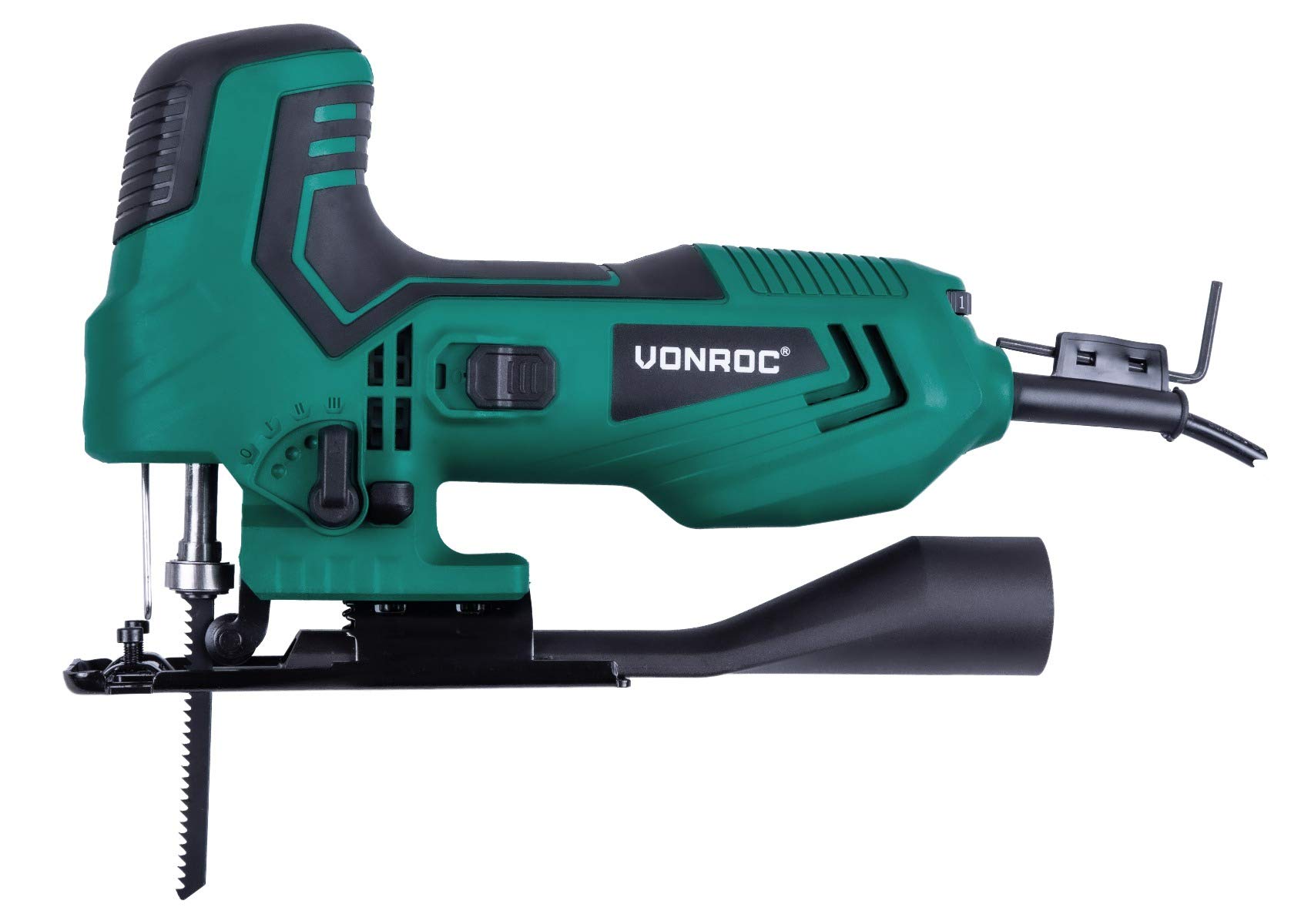 VONROC Seghetto alternativo 550W.Angolo di taglio regolabile da -45° a 45°. Include lama, guida parallela, chiave a brugola, attacco aspirapolvere e sacca portautensili