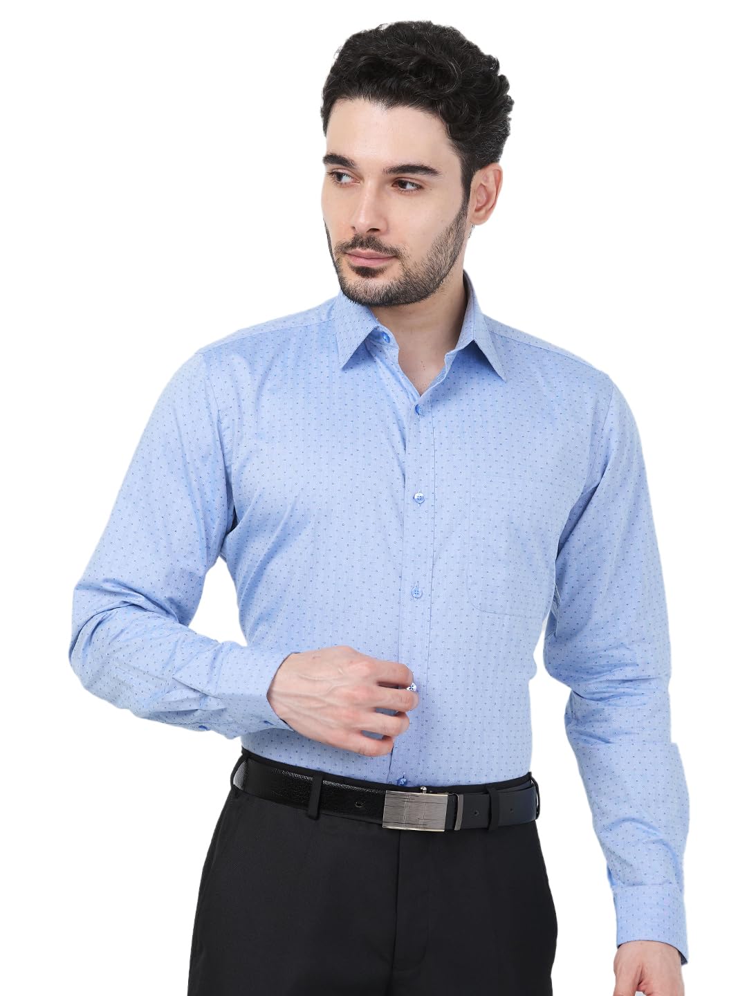 raymond Men's Slim Fit Formal Shirt | Pure Cotton Structured Weave Semi Cutaway Collar Business Wear Medium Blue-picture-12