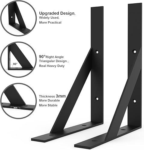 Miniatura 3 de SOGAL 8 pulgadas x 10 pulgadas Soportes de estante resistentes, Soporte de estante negro, Soportes angulares para estantes, Soportes en L para