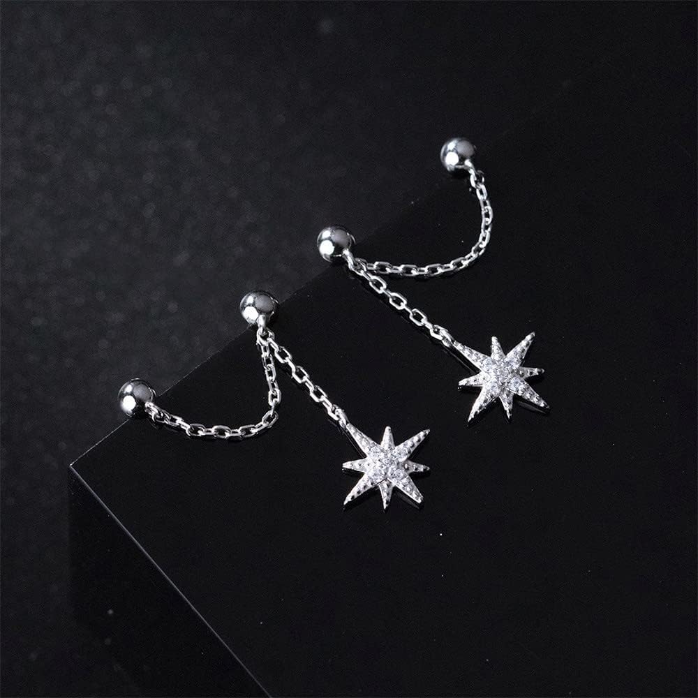 Star Chain 925 Sterling Silver Earrings for Women Hypoallergenic CZ Double Piercing Studs Tassel Dangle Drop Fashion Chic Jewelry - Image 4