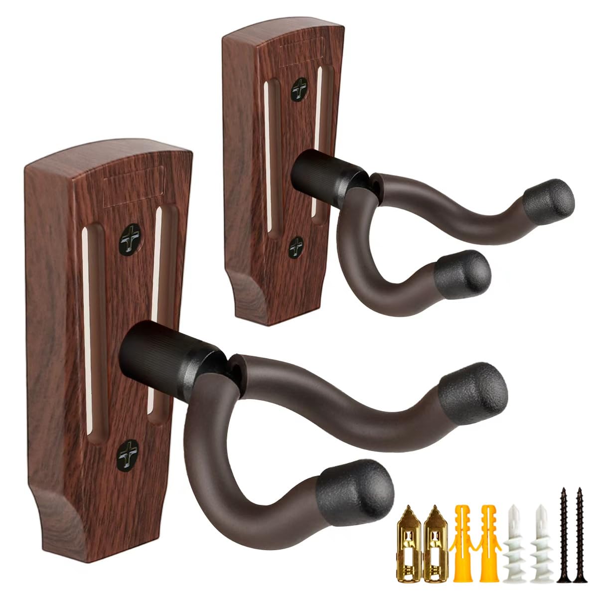 Muso Walnut Color Guitar Wall Mount 2 Pack, Guitar Hanger, Ushaped Guitar Wall Hanger Mount Guitar Holder Hook Wall Mount Guitar Accessories For Acoustic, Electric Guitar, Bass, Ukulele With 5 Picks (Walnut Color)