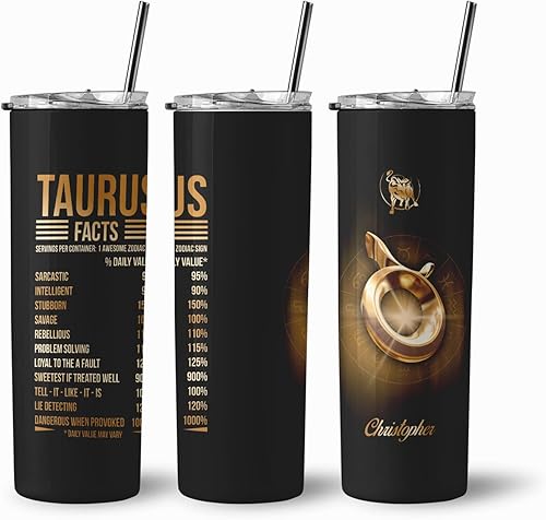 Vaso delgado de acero inoxidable con texto en inglés Tauro Nutrition Facts Zodiac Sign (datos nutricionales) de Tauro, signo del zodiaco, horóscopo