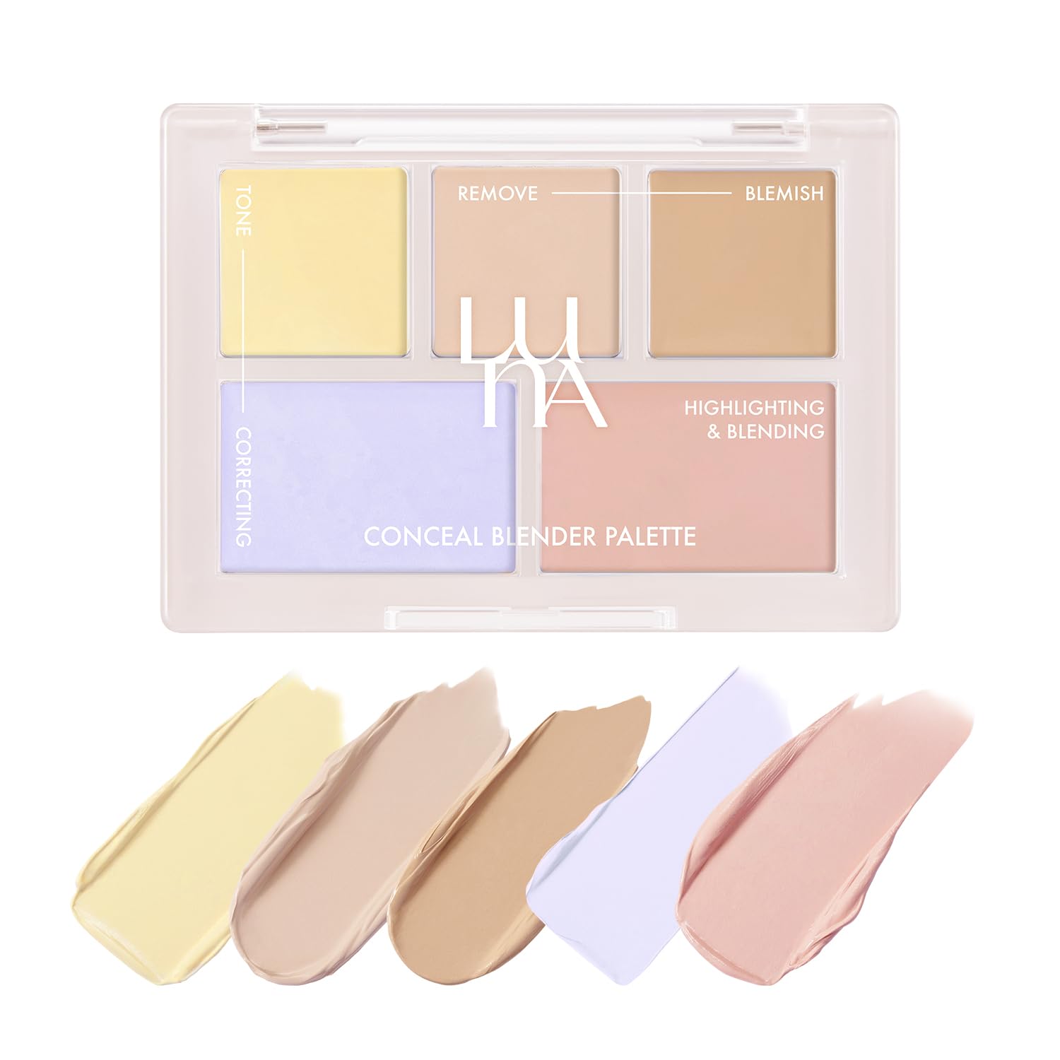 LUNA Conceal Blender Palette 02 Pure Cover 5-in-1 Color Correcting and Concealing with Lemon, Lavender Fog, Porcelain, Natural Beige and Soft Pink, Suitable for Cool and Bright Tones