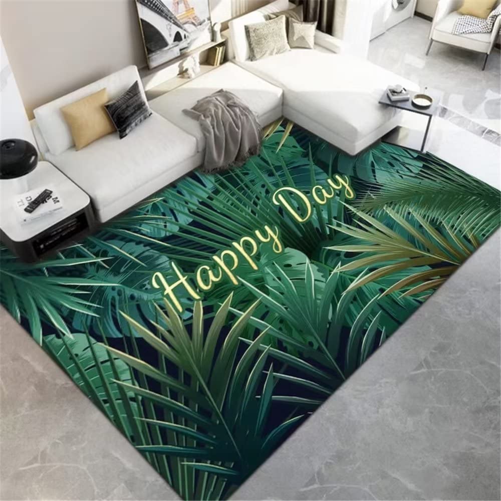 Tapis chambre fille vert doux 50x80cm avec motif de grandes feuilles