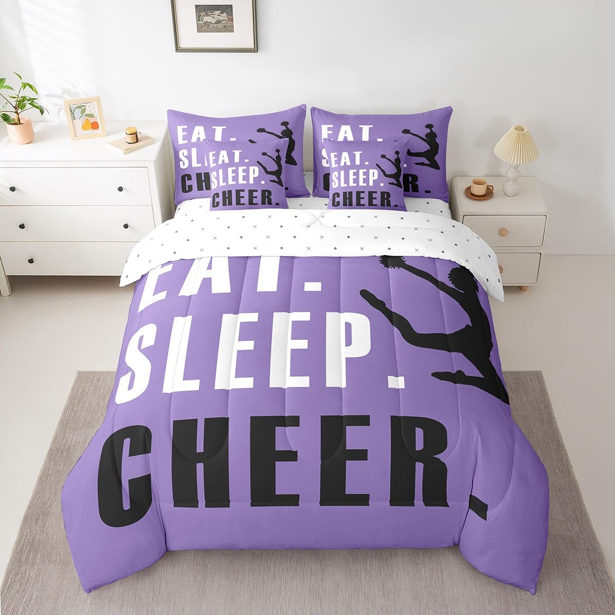Feelyou Cheer Comforter Set with Sheets Full Size Ombre Purple Cheerleading 7 Pieces Bedding Set for Kids Boys Girls Teens Cheerleader Bed in a Bag