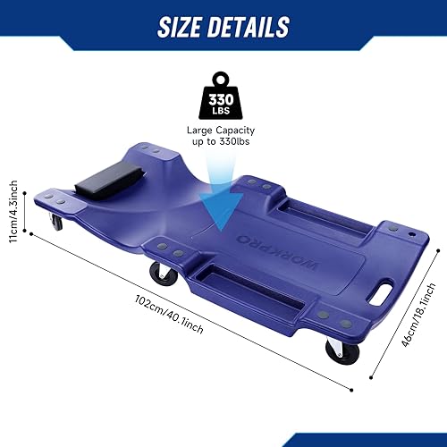 Miniatura 2 de WORKPRO Mechanic - Enredadera de plástico de 40 pulgadas con reposacabezas acolchado, capacidad de 330 libras, con 6 ruedas giratorias, color azul