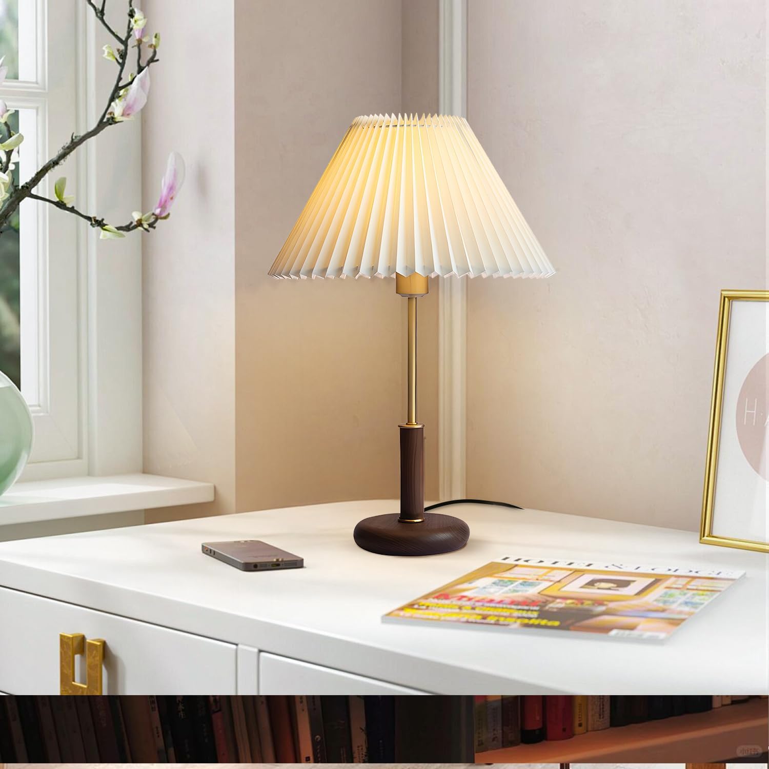 KCO Lighting Vintage Pleated Table Lamp Large Walnut Wood Table Lamp with Umbrella Lampshade Modern Round Nightstand Lamps Mid Century Desk Lamp for Bedroom Home Office (A)