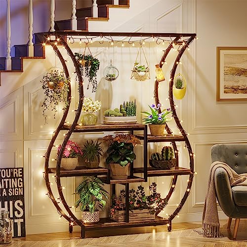 Image of Tribesigns 6-Tier Plant Stand, 70.9 Inch Tall Plant Shelf with 10 Hanging Hooks, Vase Shape Ladder Plant Stand, Multi-Purpose Plant Display Rack for Indoor, Balcony, Living Room, Brown and Black