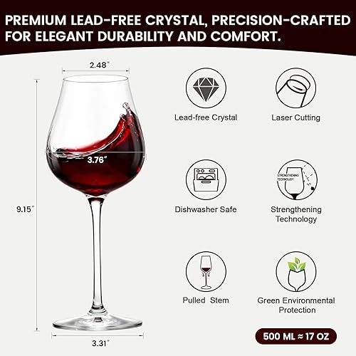 Miniatura 2 de GENICOOK Juego de 6 copas de vino, cristalería transparente soplada a mano sin plomo, juego de copas de vino tinto de 17 onzas, tallo largo perfecto