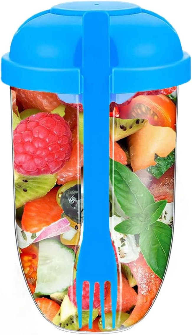 Salad Cups With Lids Sauce Cup And Fork 1000ml Portable Salad Shaker Cup (Blue)