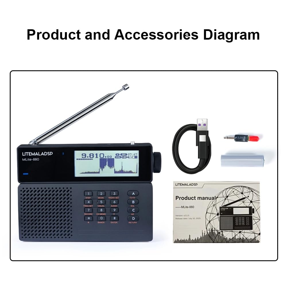 MLite-880 Tragbarer Allband-DSP/SDR-Radioempfänger, V2.1.0 Kurzwellenradio mit Spektrumanzeige, 5000-mAh-Akku und Bluetooth