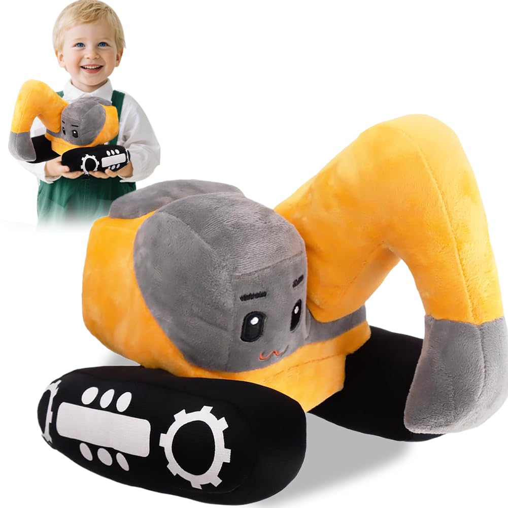 Kinder Plüsch Bagger 26*23cm Plüschtier Spielzeug, Cartoon Baufahrzeug Stofftier Kuscheltier, Ausgestopftes Plüsch-Spielzeug, Entzückende Bagger Puppe als Geburtstagsgeschenk für Jungen und Mädchen