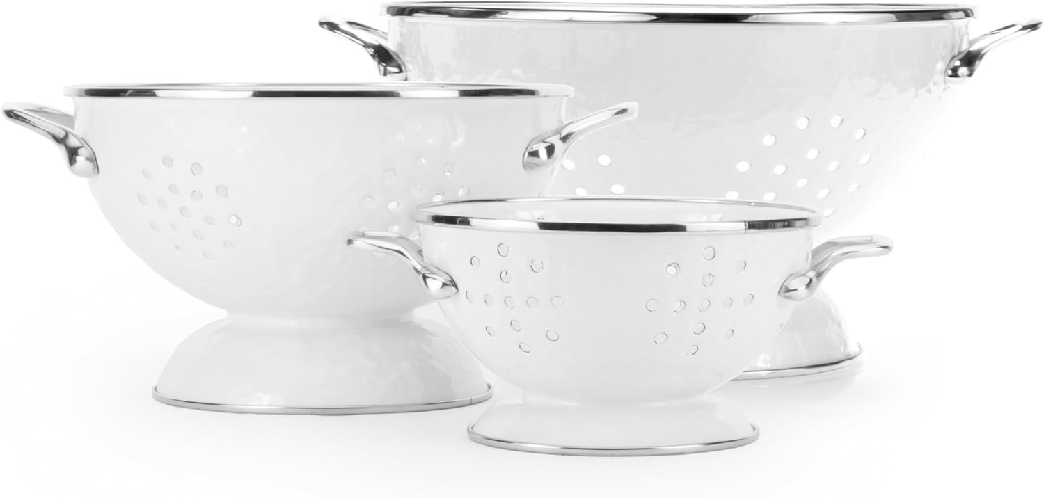 Golden Rabbit Enamelware Set of 3 Colanders: 1qt, 3qt and 5qt, Solid White Textured