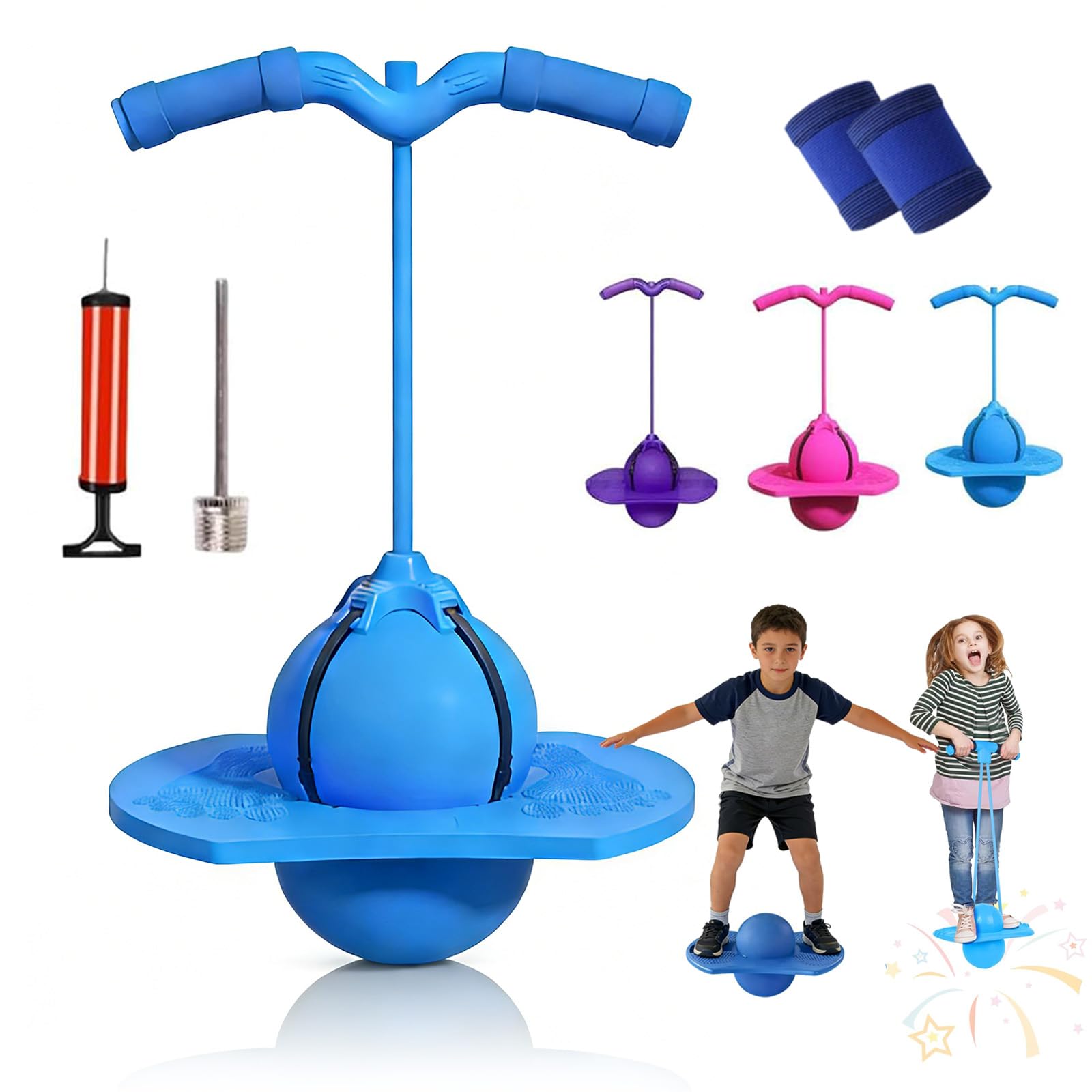 Pogo Jumper Ball for Kids & Adults, Balance Jumping Ball with Handle and Pump, Bounce Jump Trick Board, Strong Grip Deck Sticks for Boys & Girls, Exercise Balance Coordination Ability (Blue)