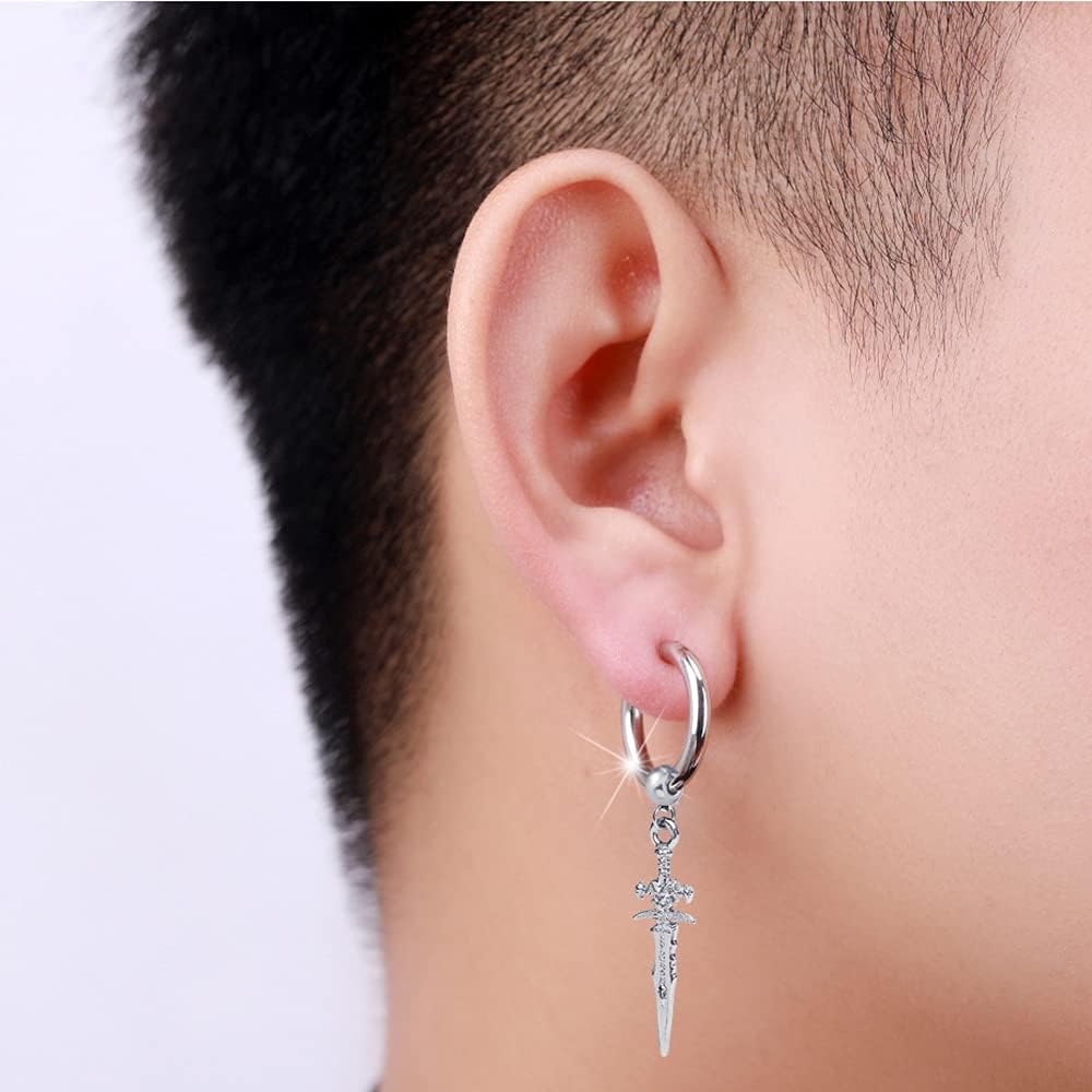 Retro Punk Sword Dangle Drop Cuff Huggie Small Hoop Earrings for Men Women Cartilage Kpop Hypoallergenic Stainless Steel Piercing Hanging Drop Cool Hip Hop Fashion Personalized Best Friends Birthday - Image 4