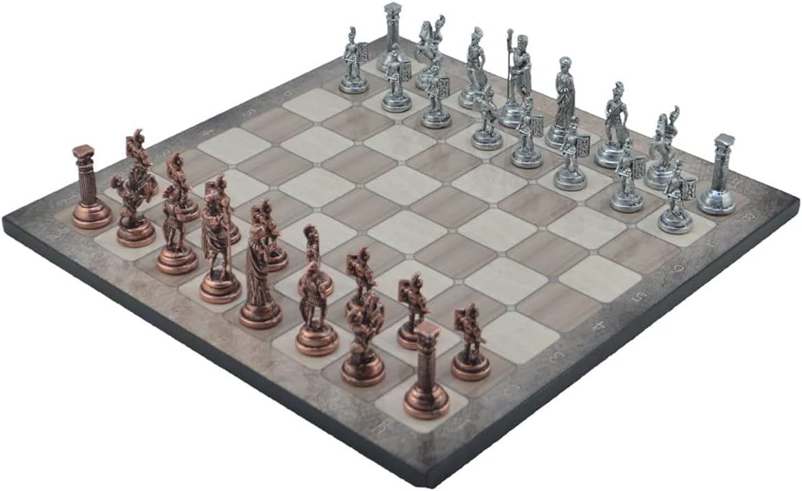 Metal Chess Set for Adults Medium Roman Antique Copper Figures,Handmade Pieces and Different Design Wooden Chess Board (Platin Oak)