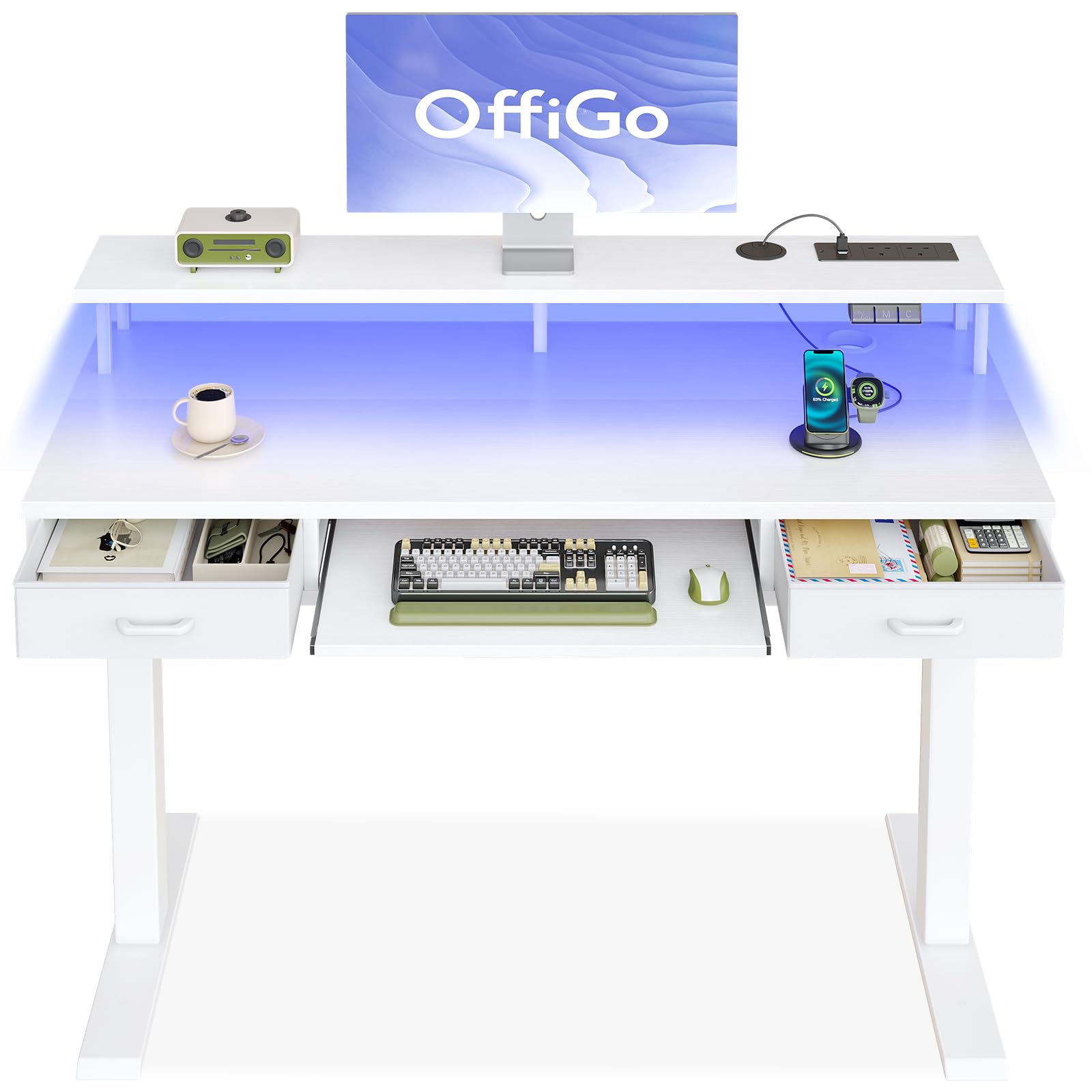 OffiGo Height Adjustable Desk, 120cm Electric Standing Desk with Drawers, Sit stand up Table with Keyboard Tray, Office Table with Sockets and LED Light, Monitor Stand, White — image 1