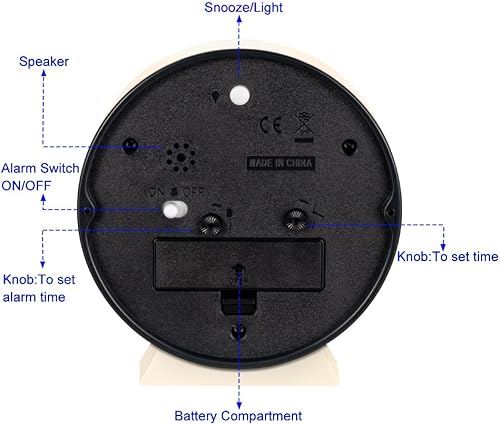 Miniatura 4 de Tinload 4.5" Reloj despertador analógico retro a baterías, pequeño reloj de noche silencioso, iluminado bajo demanda, funciona con pilas, función de