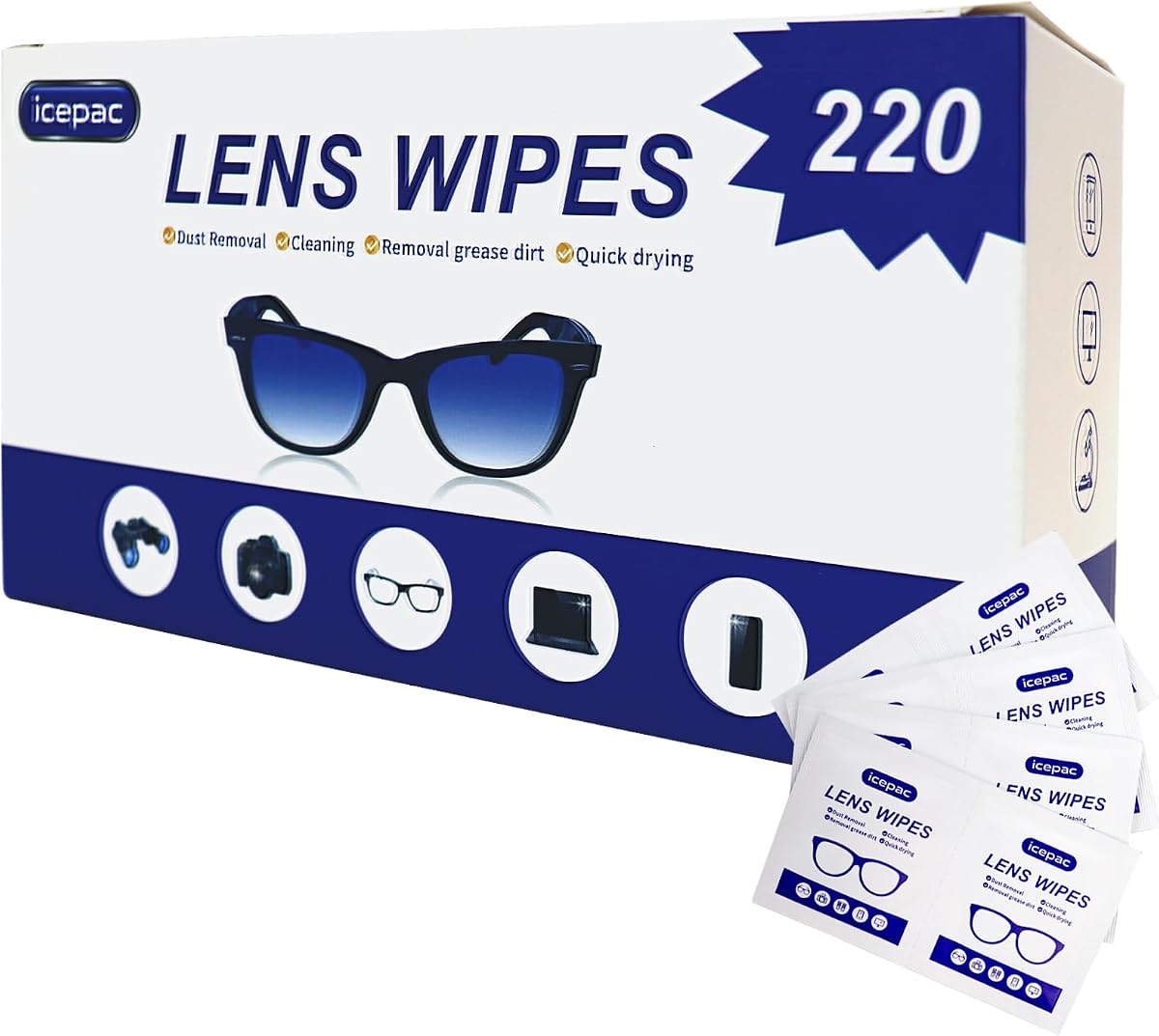 Toallitas para lentes Icepac para anteojos – 220 toallitas de limpieza para anteojos envueltas individualmente prehumedecidas | Limpiador de gafas limpia de forma segura gafas, gafas de sol, pantallas de teléfonos, dispositivos electrónicos y lentes de cámaras