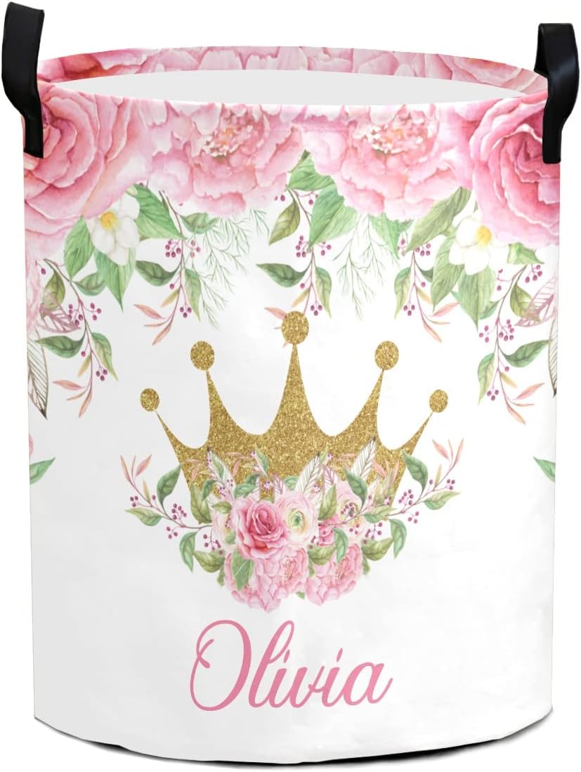 Floral Pink Crown Personalized Laundry Basket Clothes Hamper with Handles Waterproof,Collapsible Laundry Storage Baskets for Bathroom,Bedroom Decorative