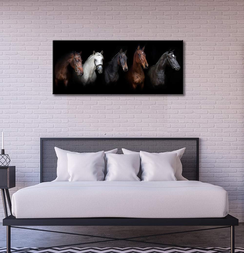Large Animal Canvas Wall Art Black and White Horse Picture Prints Inspirational Horses Wall Decor Living Room Modern Artwork Home Decoration Framed Ready to Hang 20"x48"