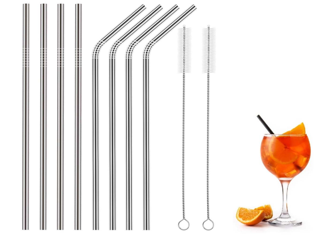 NURIOR Stainless Steel Straw with Cleaning Brush- Long Metal Straws for Drinking Juice & Drinks, Kitchen Tools Set Reusable Set of 5 (4- Bend Pipe, 4- Long Straw, 2-Cleaning Brush), Silver (10 pcs)