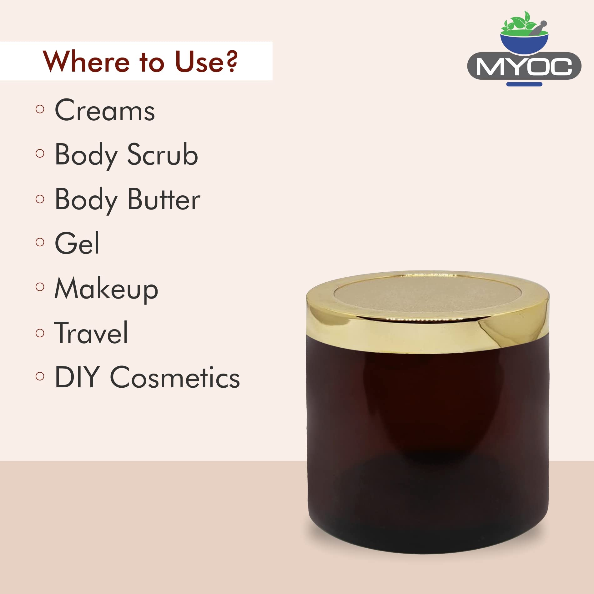 MYOC Amber San Jars with Golden Cap & Inner lid for Creams, Gel, Body Scrub & Butter, Leak-proof Reusable Refillable Portable Cosmetic Container for Makeup & DIY Cosmetic Use- 100gm(Pack of 4) 4