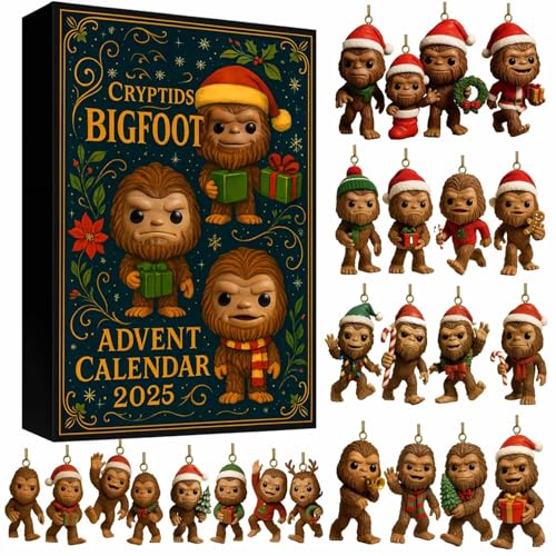 Bigfoot Advent Calendar 2025 – 24 Days of Festive Bigfoot Figurines in Holiday Hats & Sweaters – Displayable & Collectible Countdown Holiday Box for Tree Decor & Cryptid Fans (1pc)