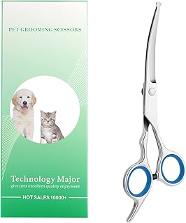 Playmont Dog Grooming Scissors with Safety Round Tip, Pet Dog Cat Scissors for Grooming, Stainless Steel Dog Cat Grooming Shears (Blue Down Curved Scissors)