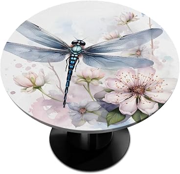 Round Fitted Table Cover Round Outdoor Light Blue Painted Dragonfly with White Floral Tablecloth Round Elastic Edge for Picnic, Camping, Dinner fit 45" - 56"