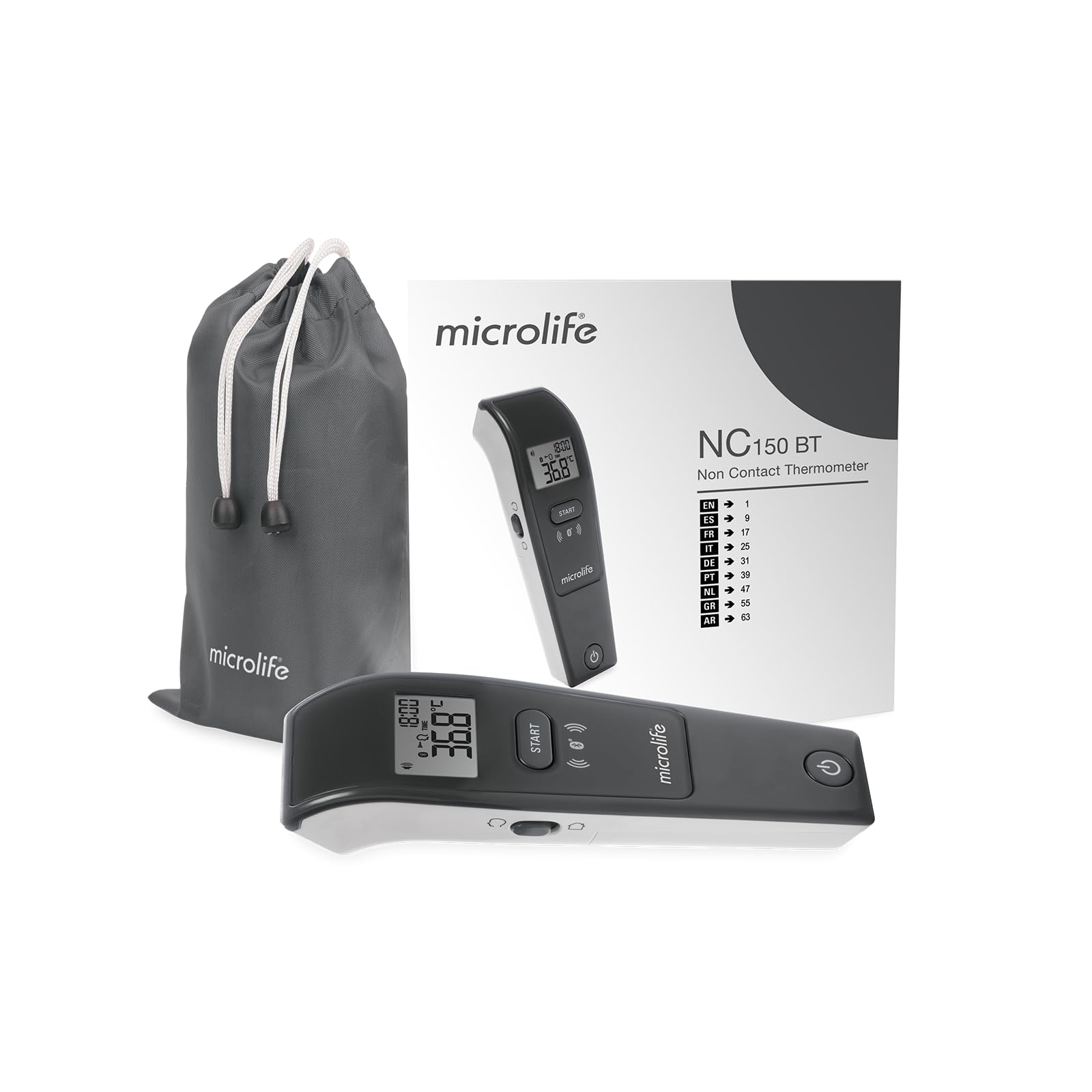 Microlife - Termómetro frontal sin contacto NC 150 BT - Conectado Bluetooth, Validado Clínicamente, Alarma de fiebre, Guía luminosa, 3 modos Cuerpo/Objeto/Ambiente