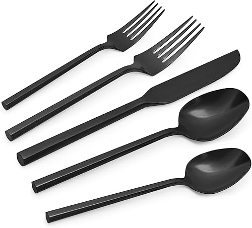 Kikbioee Black Silverware - Juego de cubiertos hexagonales de acero inoxidable, 20 piezas, forjados y pesados, incluye tenedores, cucharas de